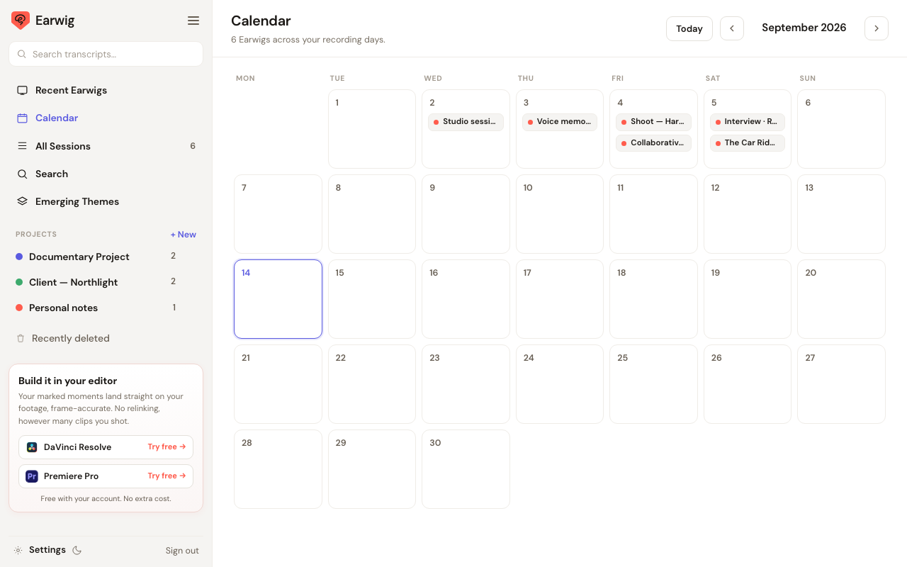 The Earwig web app calendar view with shoots placed on the days they were filmed.