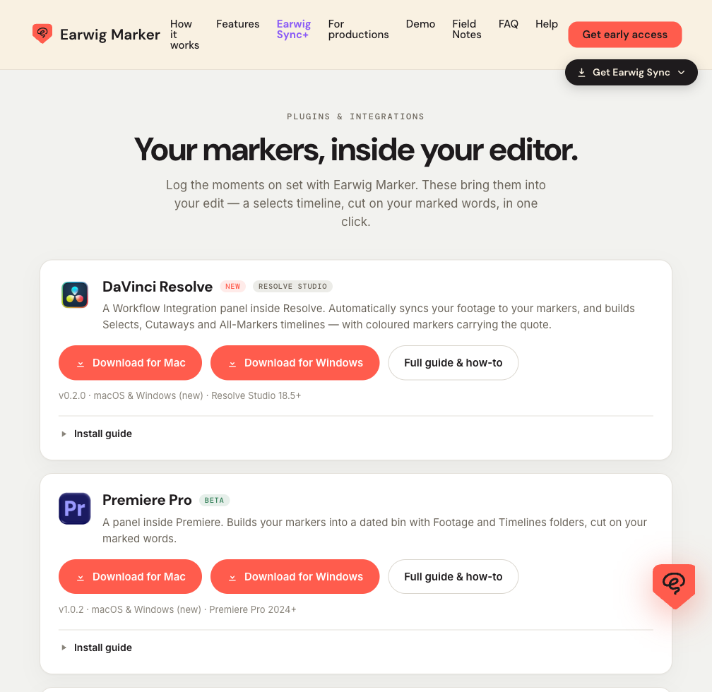 The Earwig plugins page with Download for Mac and Download for Windows buttons for DaVinci Resolve and Premiere Pro.