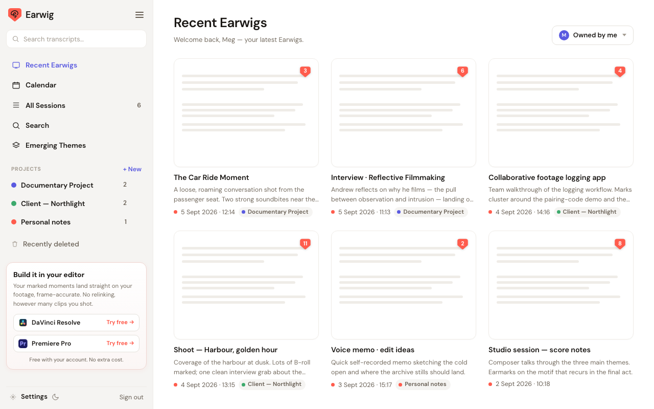 The Earwig web app showing recent shoots as cards, with projects listed in the sidebar.