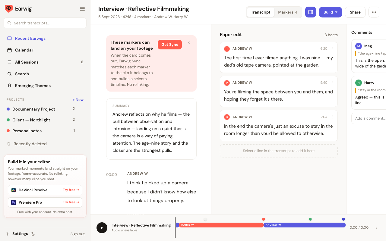 A transcript open in the Earwig web app, with the paper edit column on the right and the audio player below.