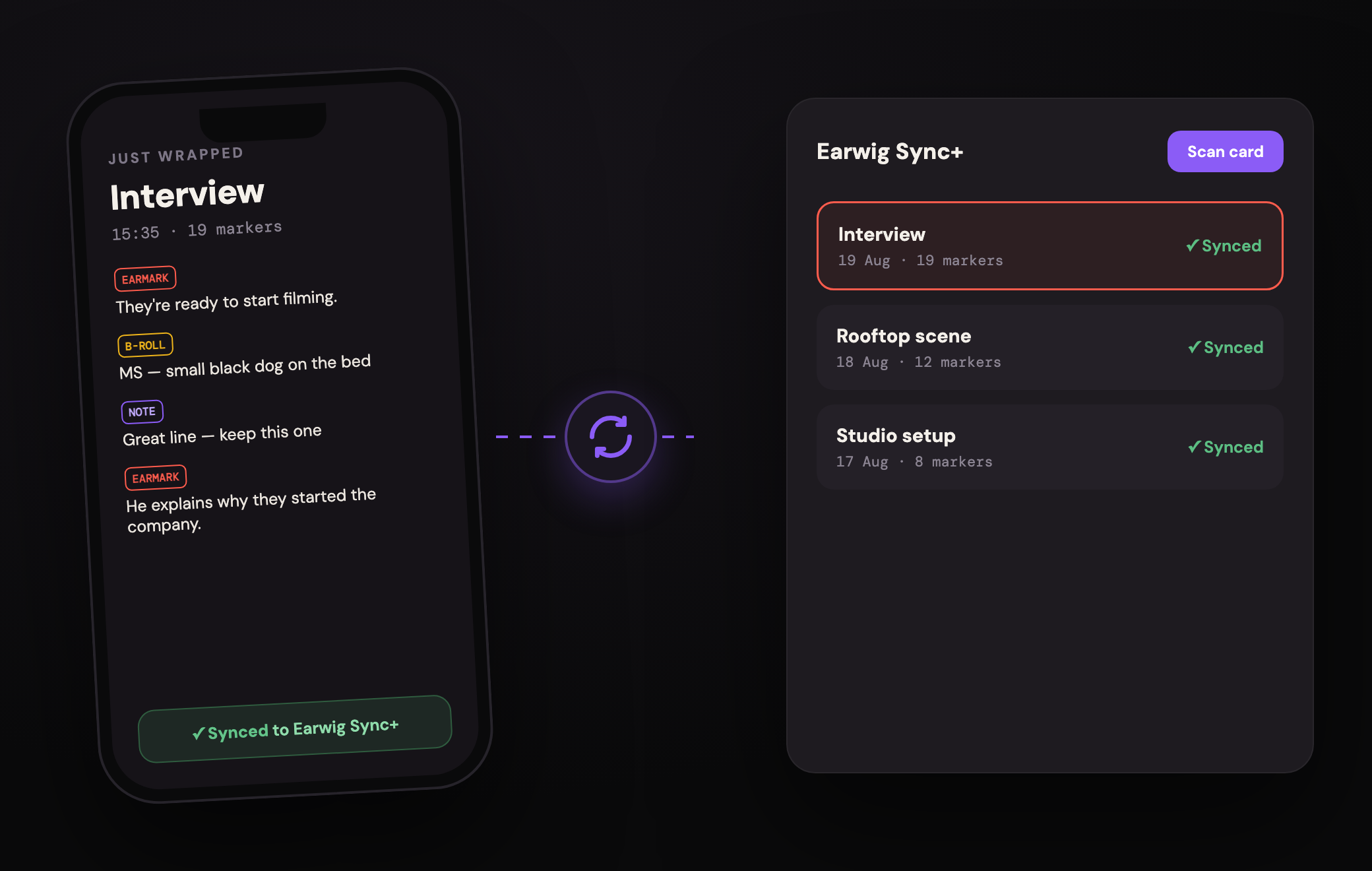 A phone's marked session syncing into Earwig Sync+