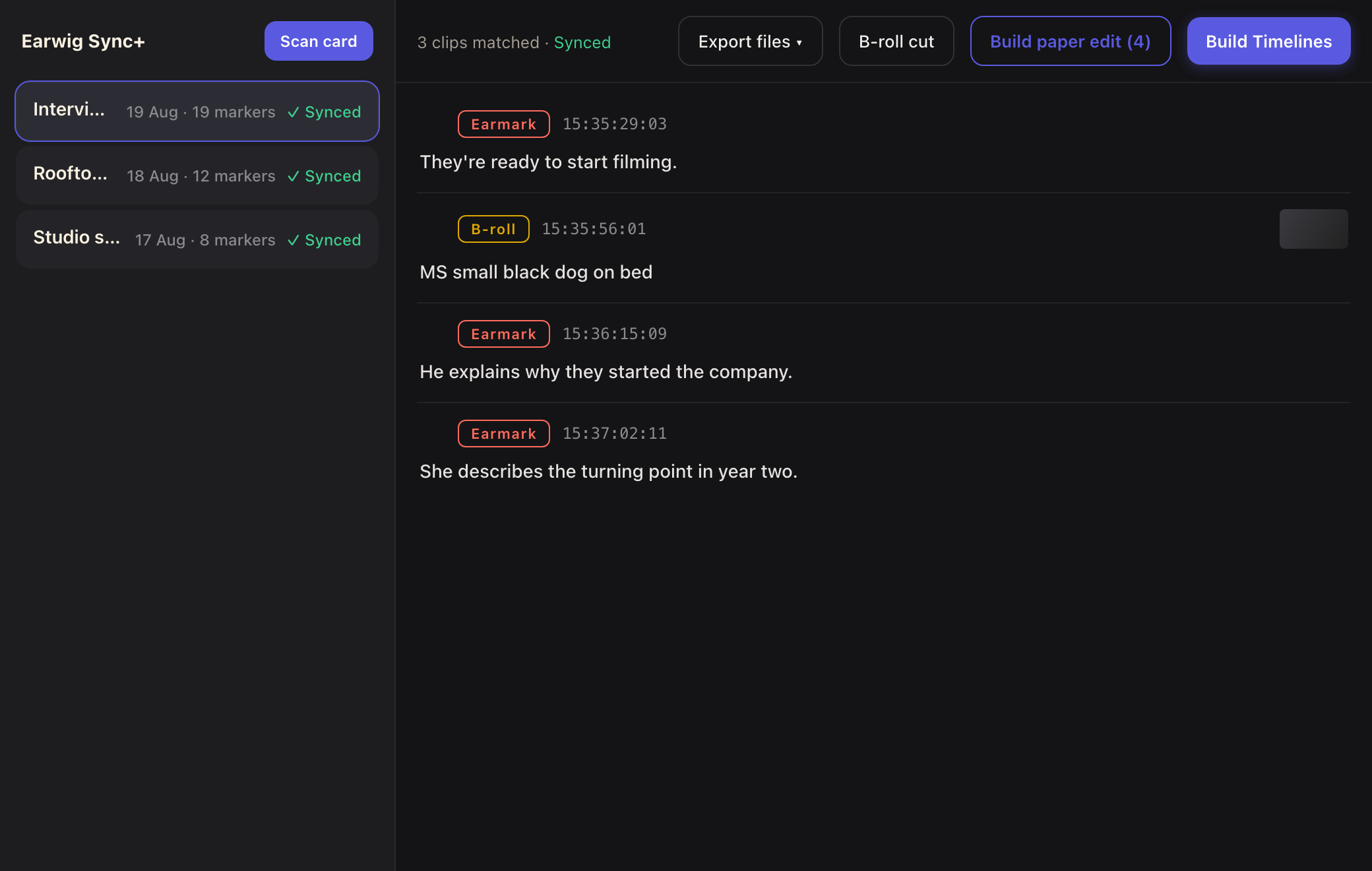 Earwig Sync+ showing your sessions and marked moments