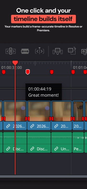One click and your timeline builds itself in Resolve or Premiere.