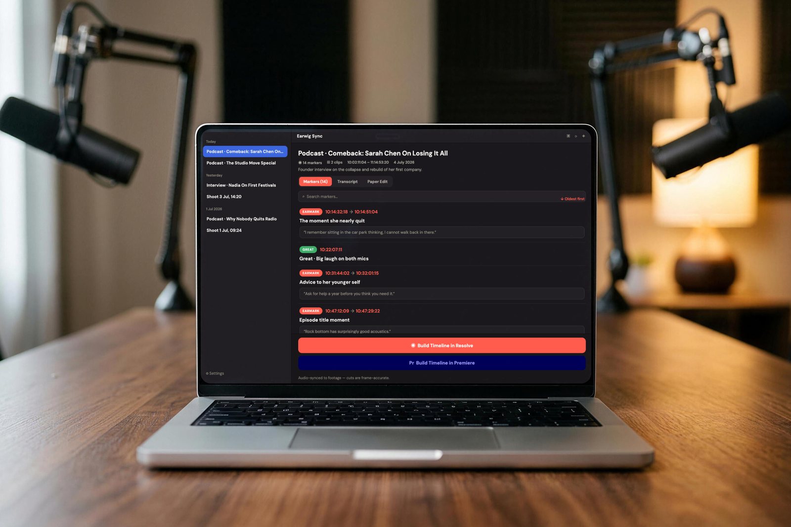 Earwig Sync on a MacBook in a podcast studio, markers ready to build into a timeline